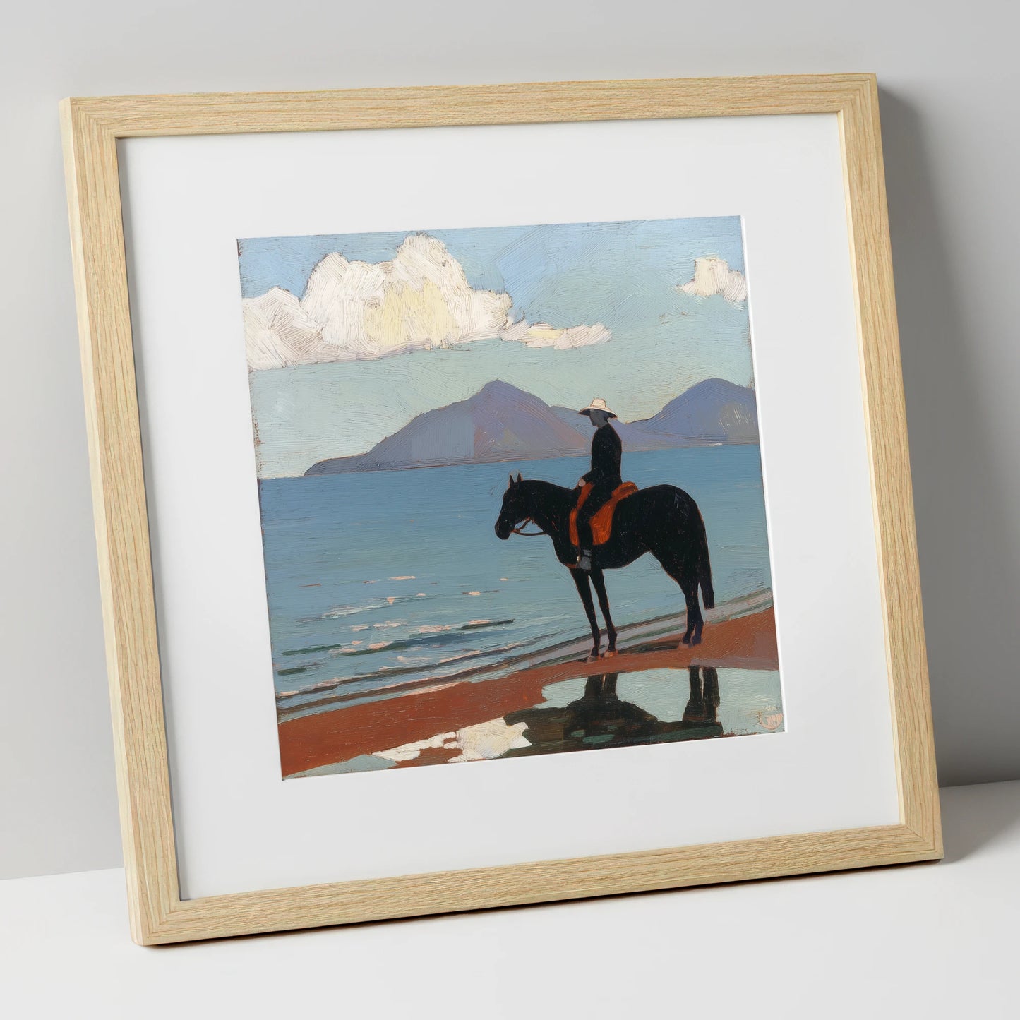Silhouette on the Sands beach horse art print in natural frame