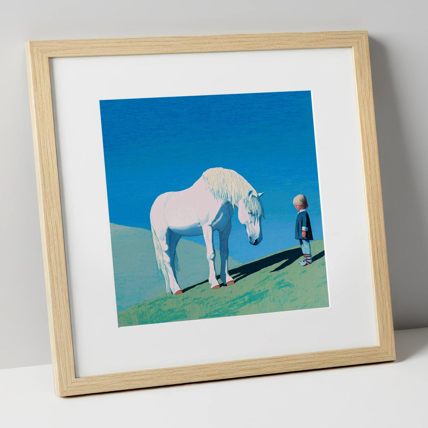 The Gentle Meeting horse & rider art print in natural frame
