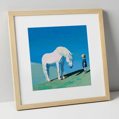 The Gentle Meeting horse & rider art print in natural frame