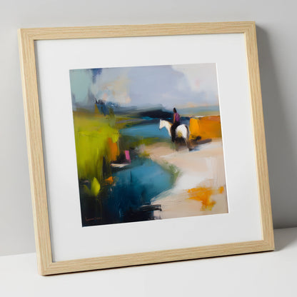Vibrant Shoreline Hack beach horse art print in natural frame