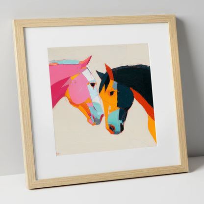 Vibrant Equine Bond horse portrait art print in natural frame