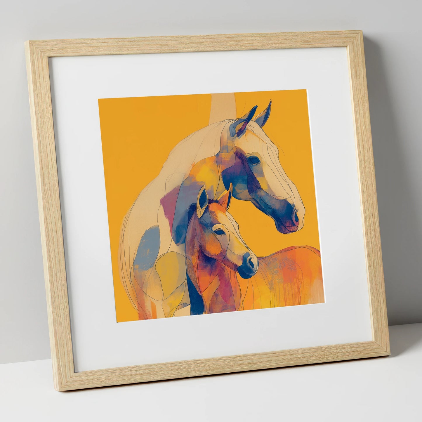 Golden Equine Bond mare & foal art print in natural frame