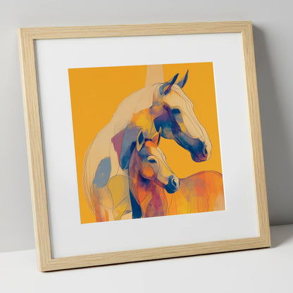 Golden Equine Bond mare & foal art print in natural frame