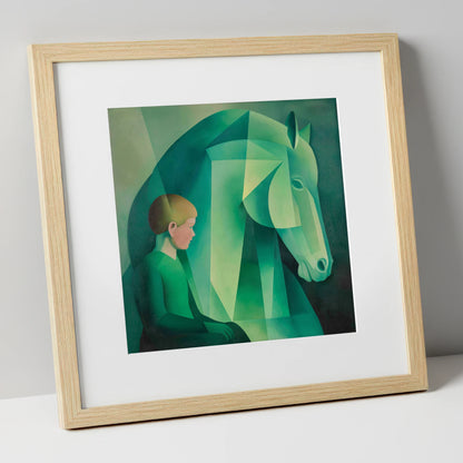 Emerald Equine Connection horse & rider art print in natural frame