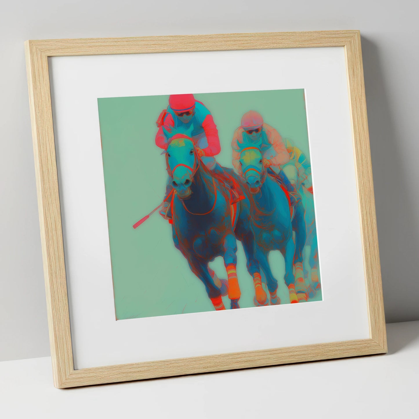 Electric Furlong racing horse art print in natural frame