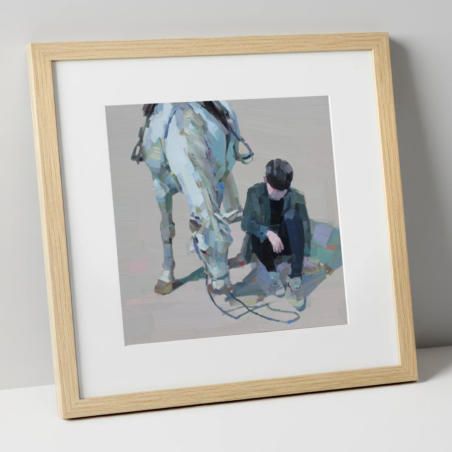 Shared Silence horse & rider art print in natural frame