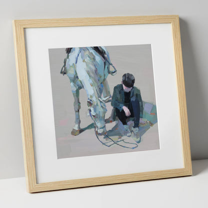 Shared Silence horse & rider art print in natural frame