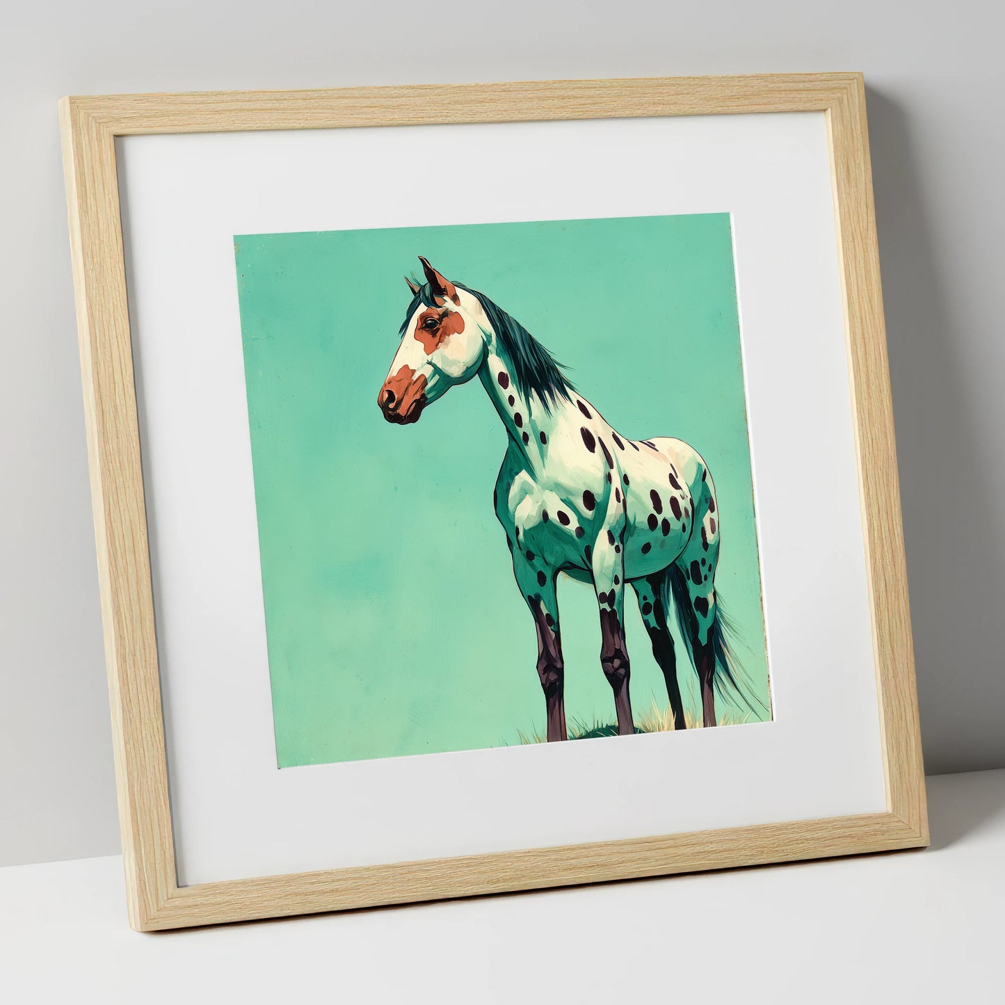 Striking Spotted Appaloosa horse breed art print in natural frame