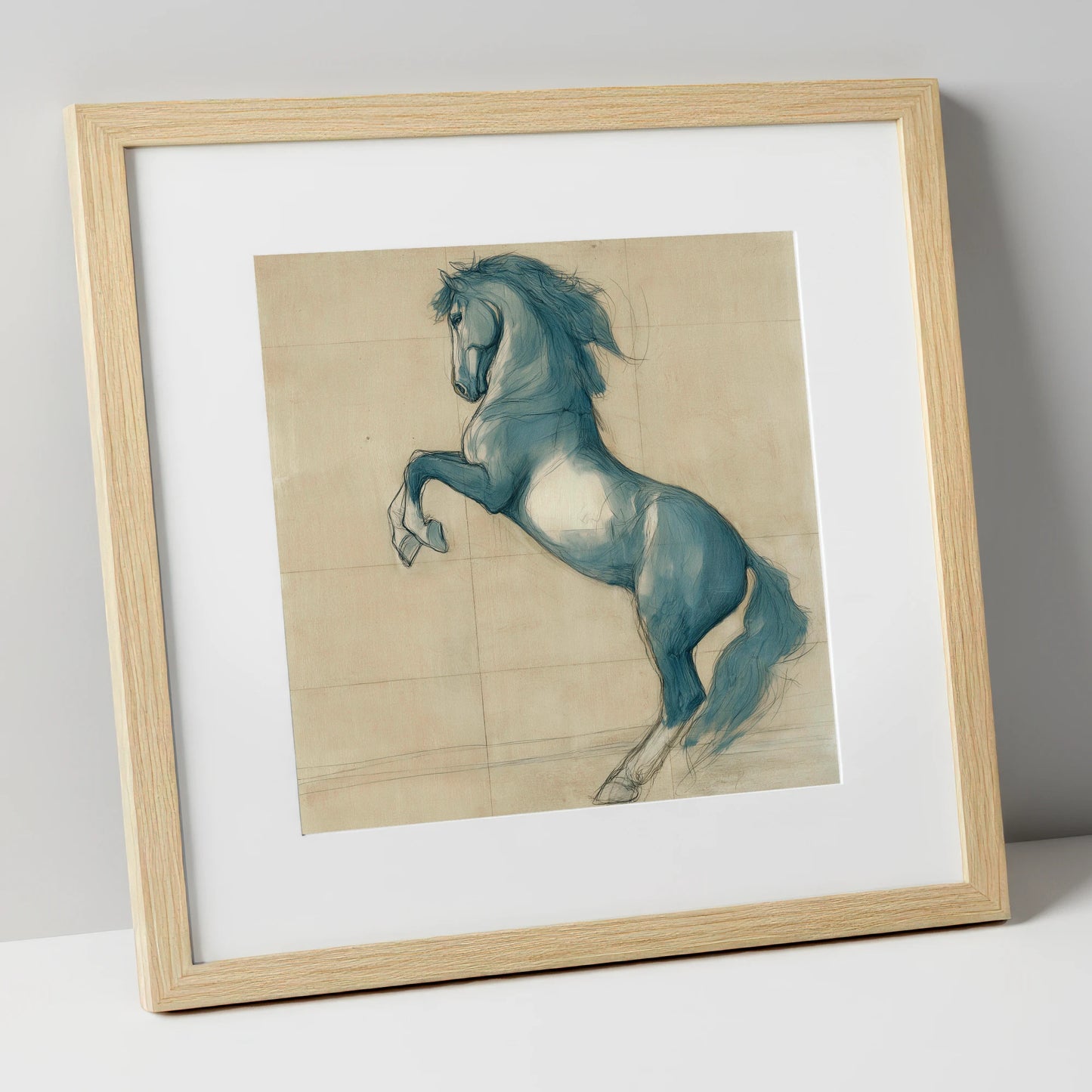 Azure Equine Study horse portrait art print in natural frame