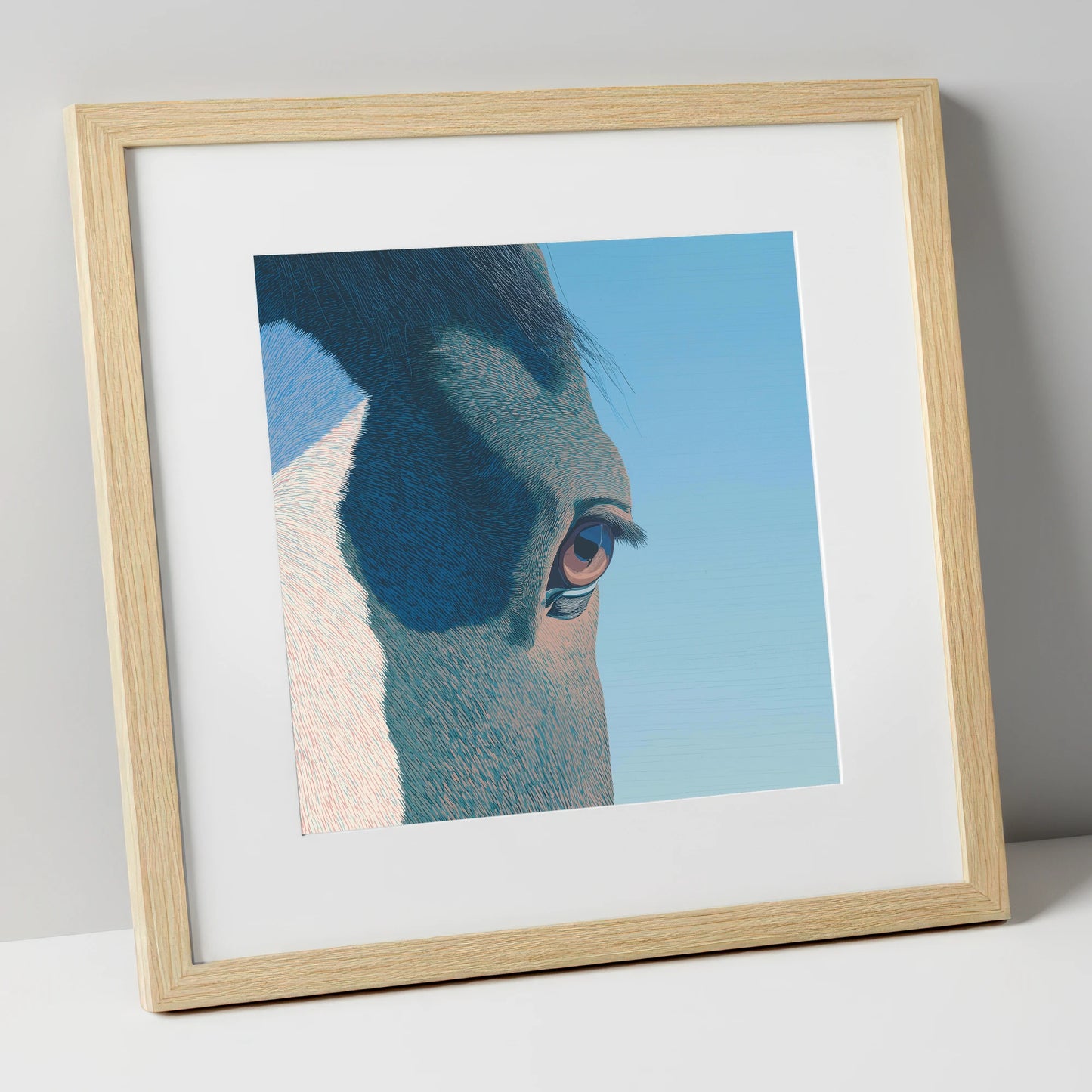 Stillness in Blue horse portrait art print in natural frame