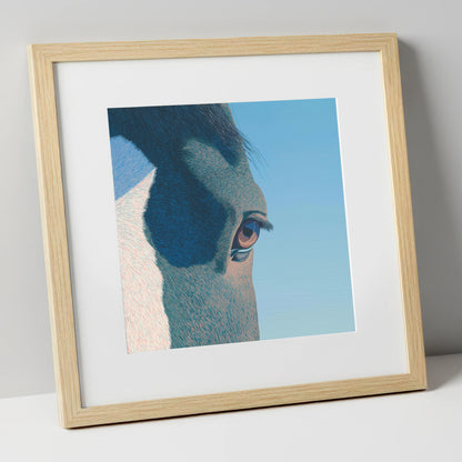 Stillness in Blue horse portrait art print in natural frame