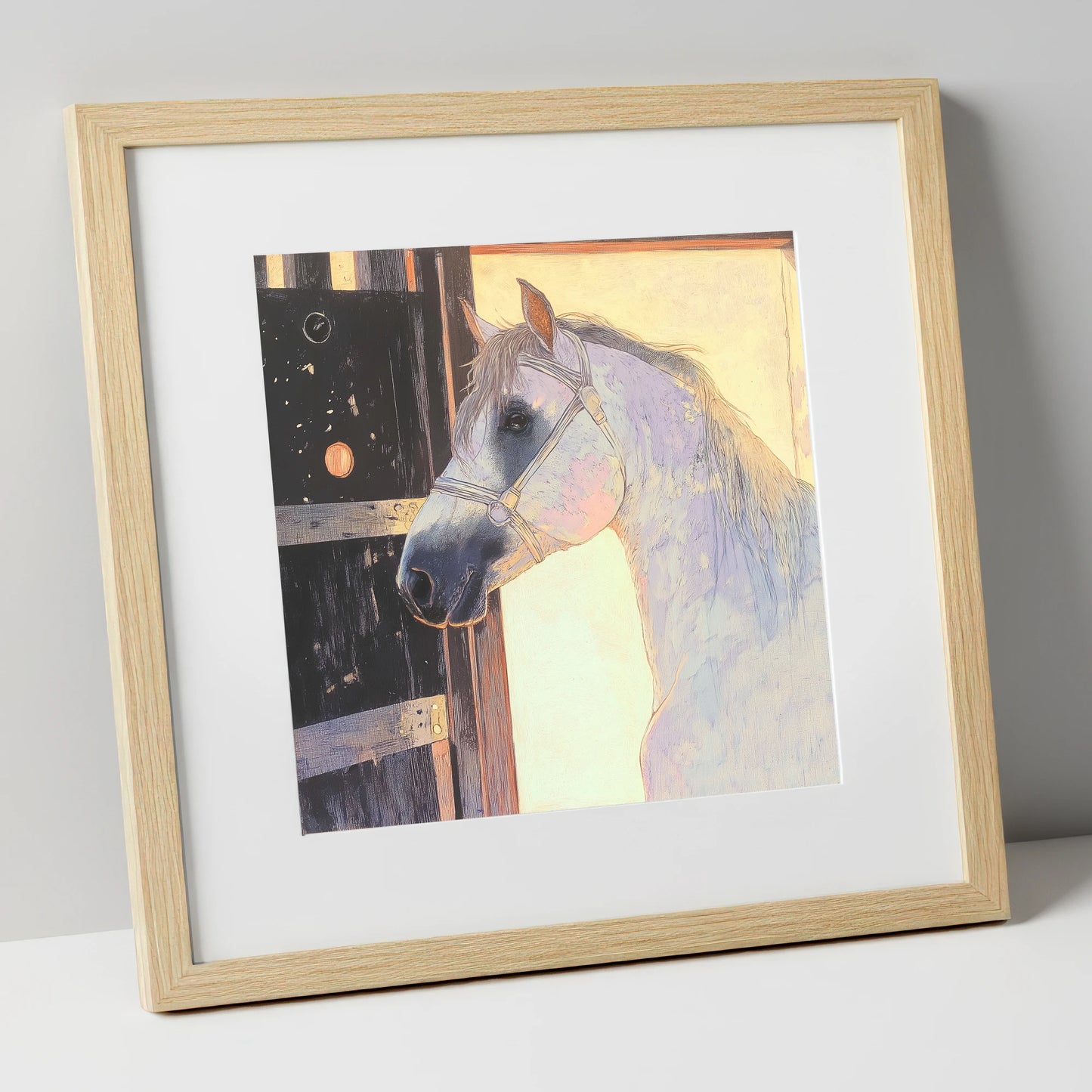 The Luminous Grey horse stable art print in natural frame