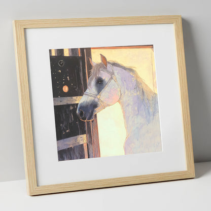 The Luminous Grey horse stable art print in natural frame