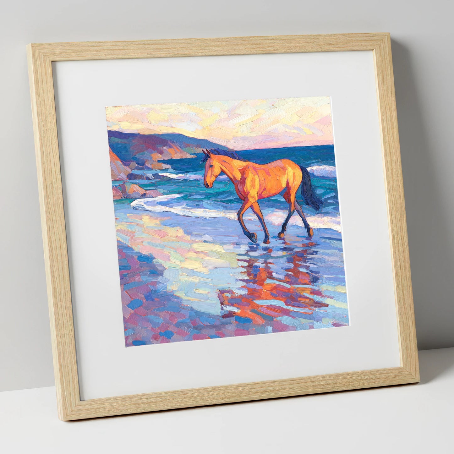 Vibrant Coastal Stride horse landscape art print in natural frame