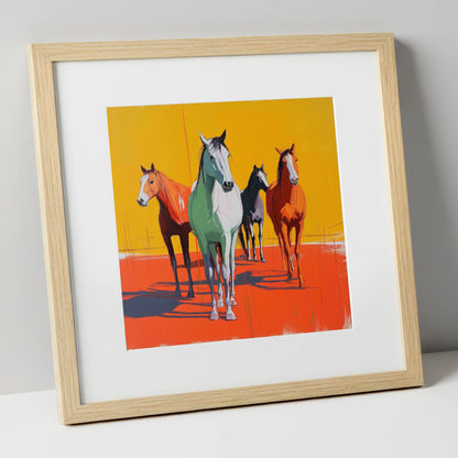 Vibrant Sunlit Herd wild horses art print in natural frame