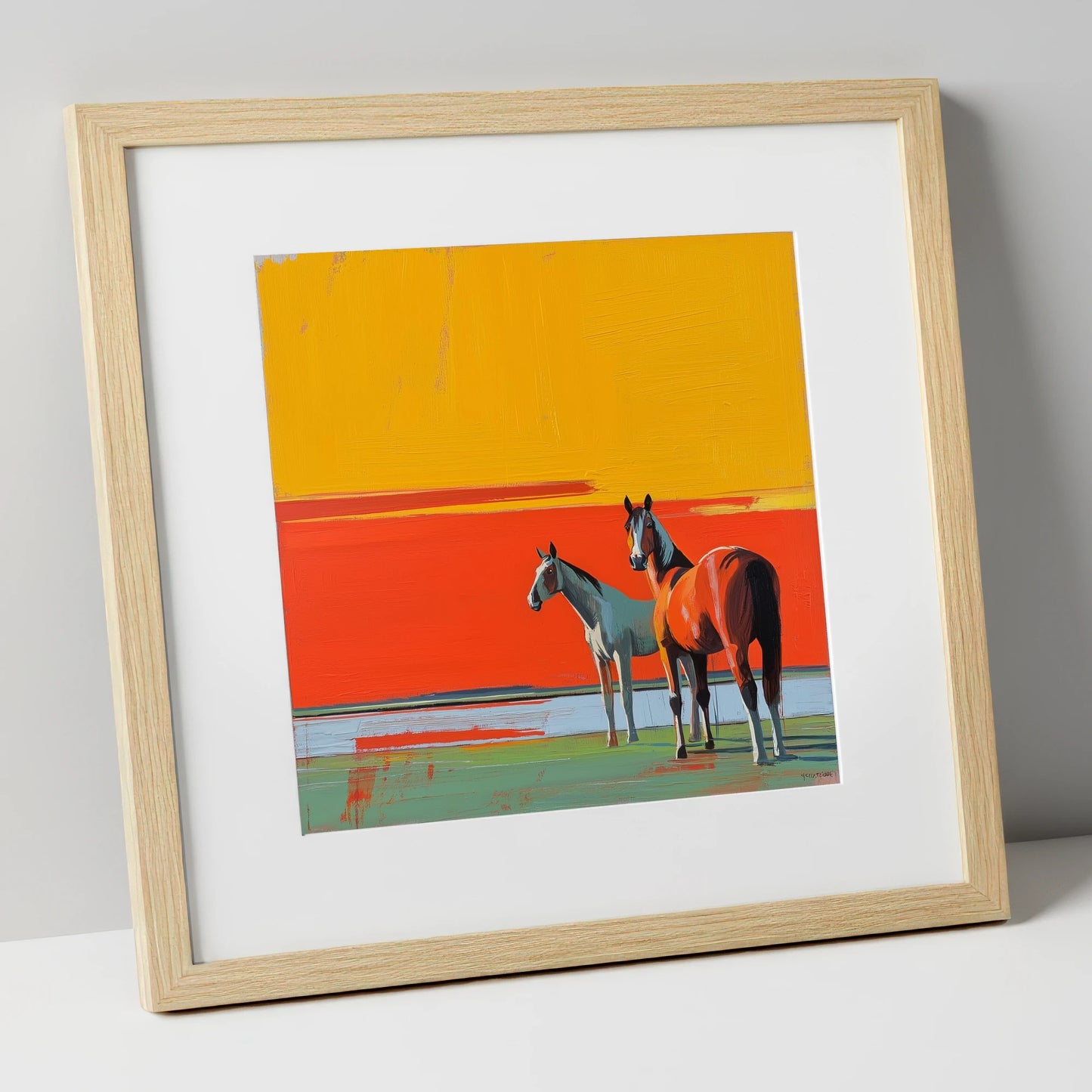 Golden Horizon Companions horse landscape art print in natural frame