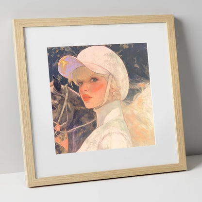 The Jockey's Gaze racing horse art print in natural frame