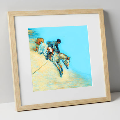 Bold Cerulean Flight show jumping horse art print in natural frame