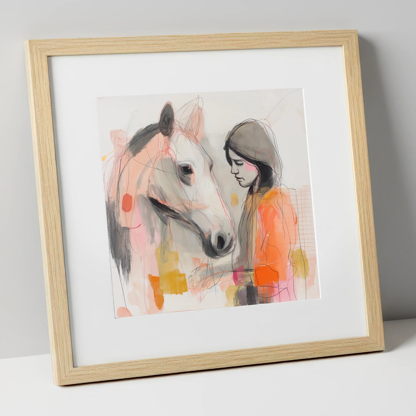 Unspoken Bond horse & rider art print in natural frame
