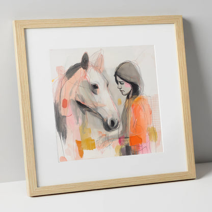 Unspoken Bond horse & rider art print in natural frame