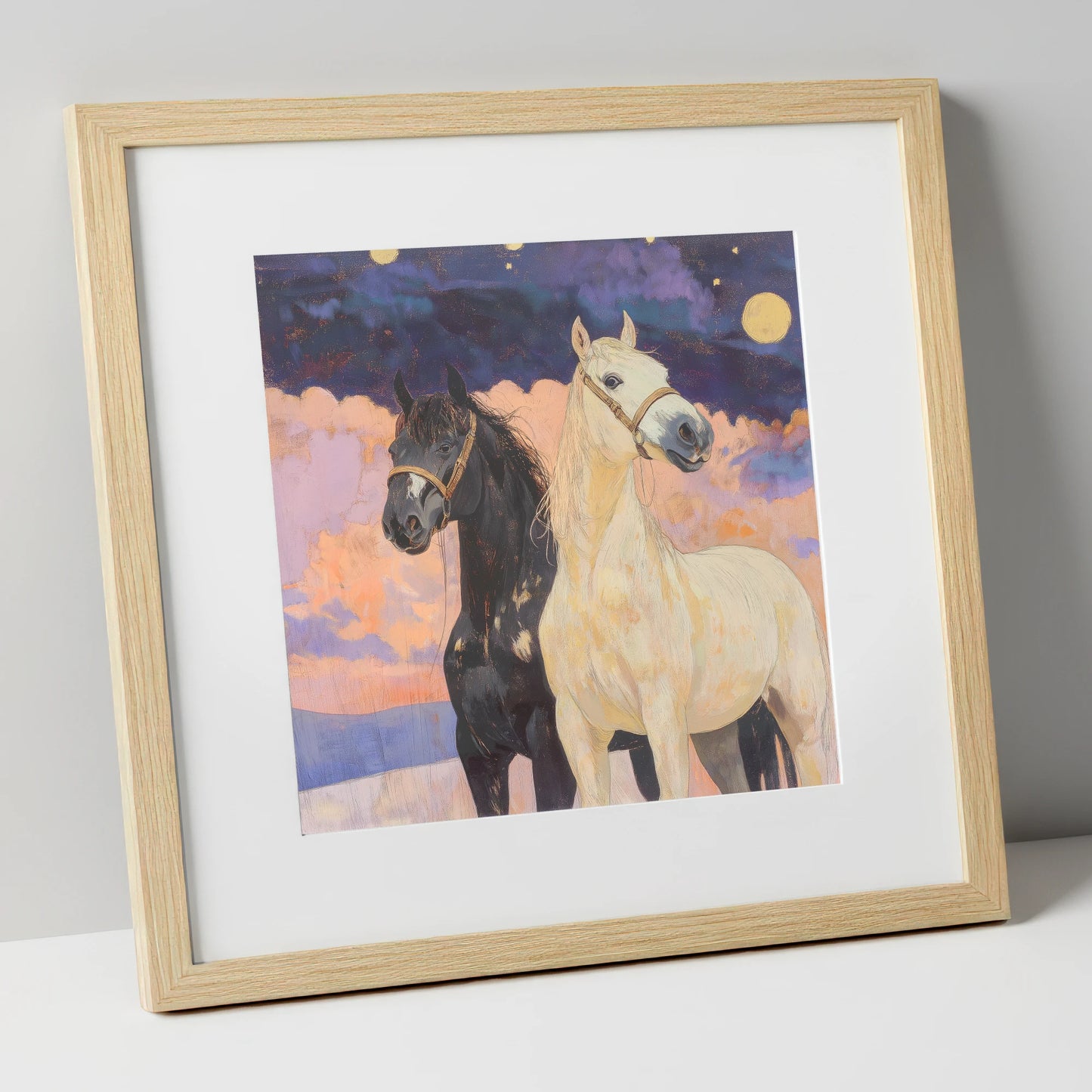 Celestial Companions horse landscape art print in natural frame