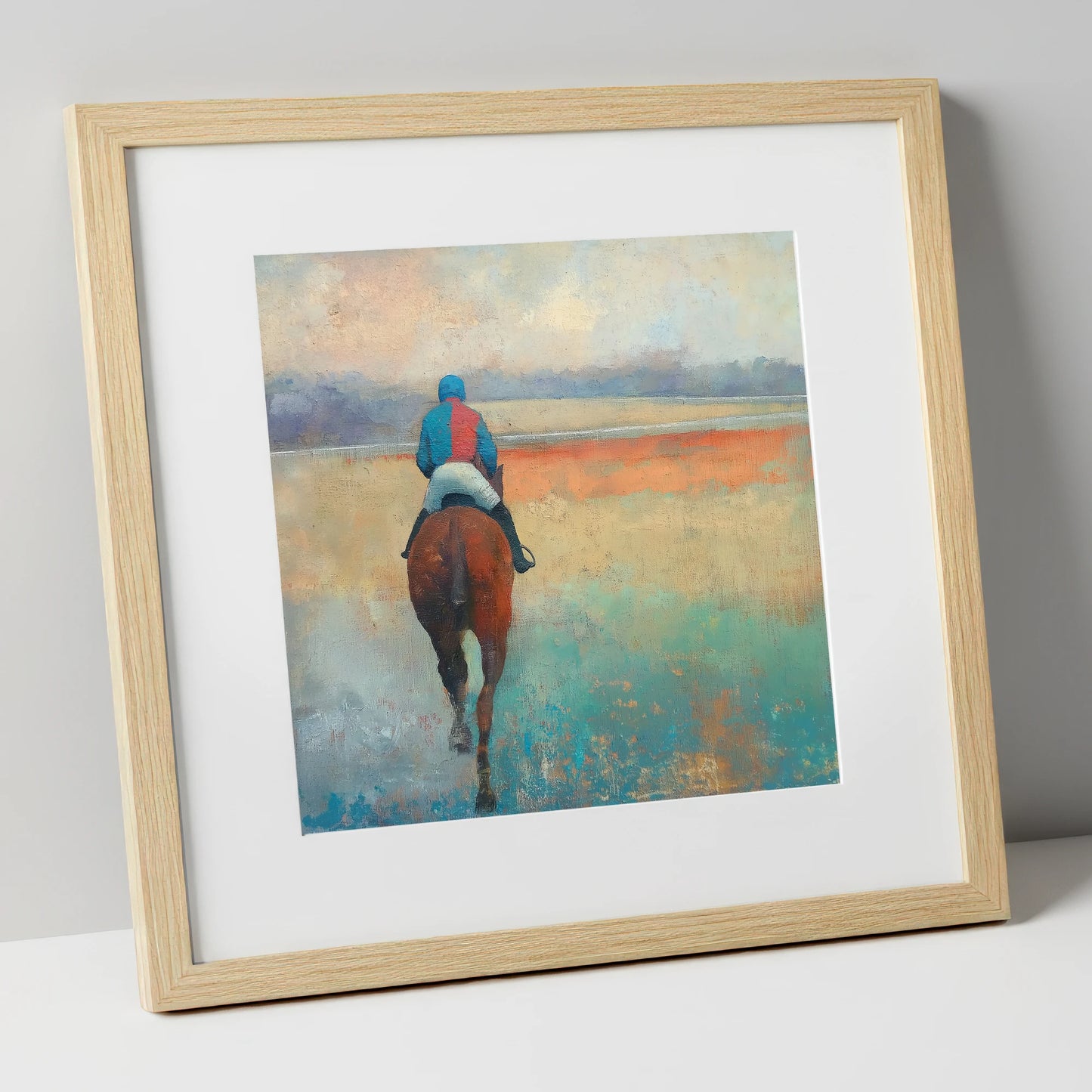 Towards the Start racing horse art print in natural frame