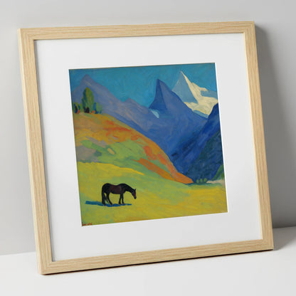 Vibrant Alpine Grazing horse landscape art print in natural frame