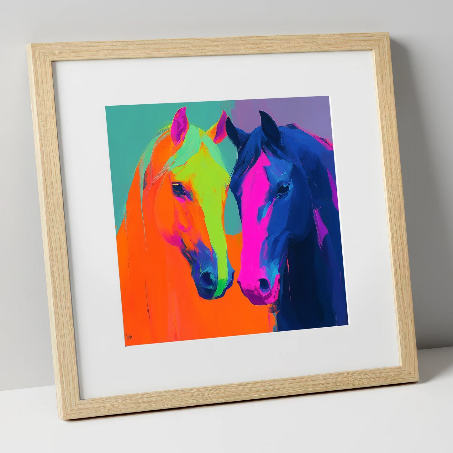 Neon Companions horse portrait art print in natural frame