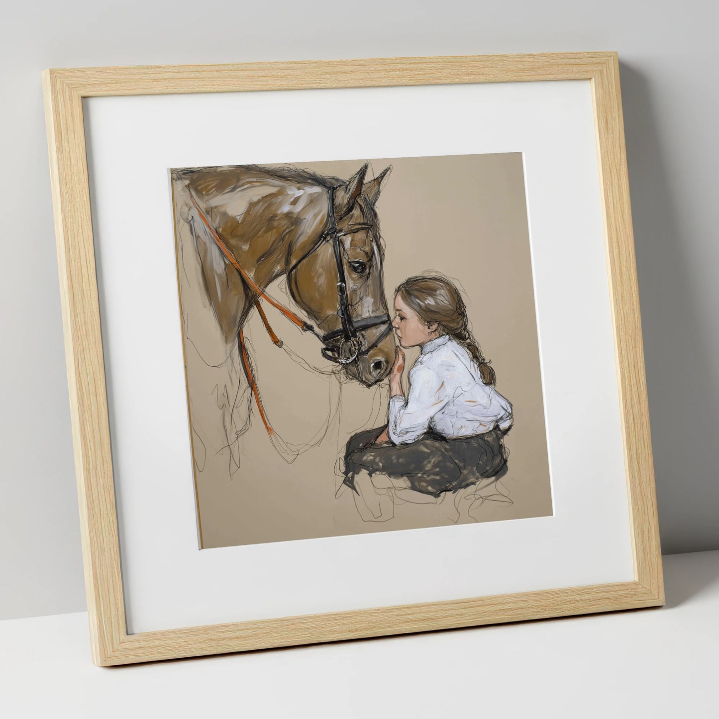 A Quiet Understanding horse & rider art print in natural frame
