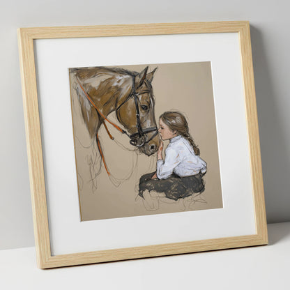 A Quiet Understanding horse & rider art print in natural frame