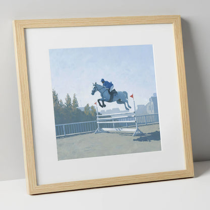 Airborne in Blue show jumping horse art print in natural frame
