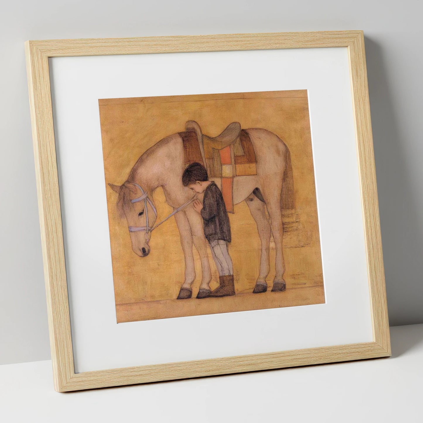 The Quiet Bond horse & rider art print in natural frame