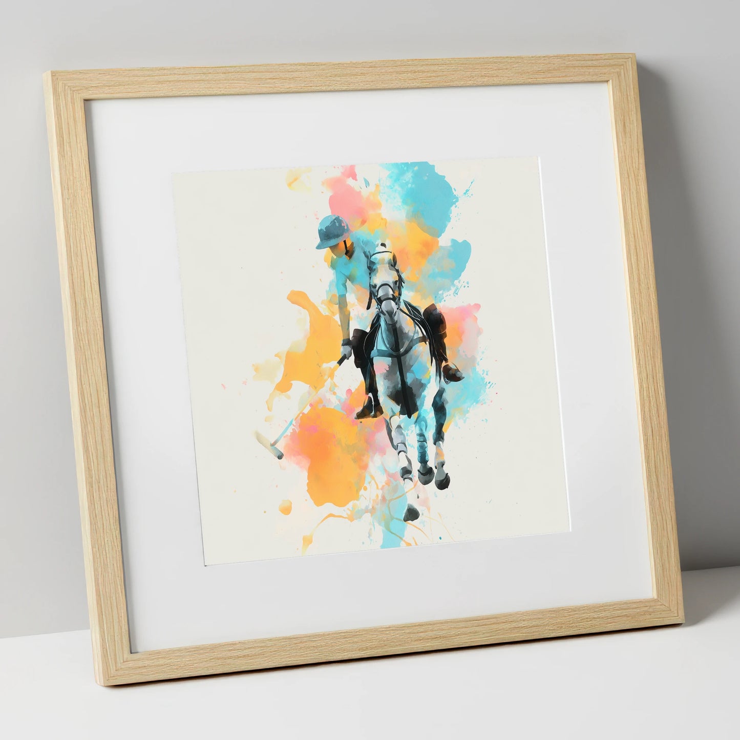 The Perfect Strike polo horse art print in natural frame