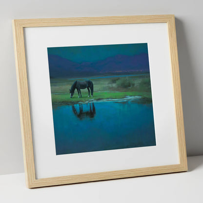 Midnight Reflection horse landscape art print in natural frame