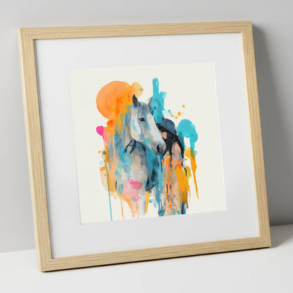 Vibrant Connection horse & rider art print in natural frame