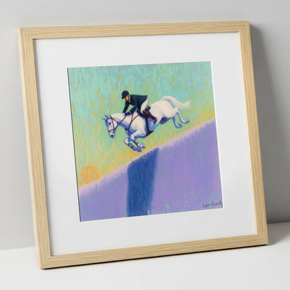 Flight Over Lavender show jumping horse art print in natural frame