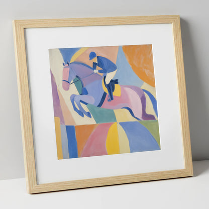Geometric Flight show jumping horse art print in natural frame