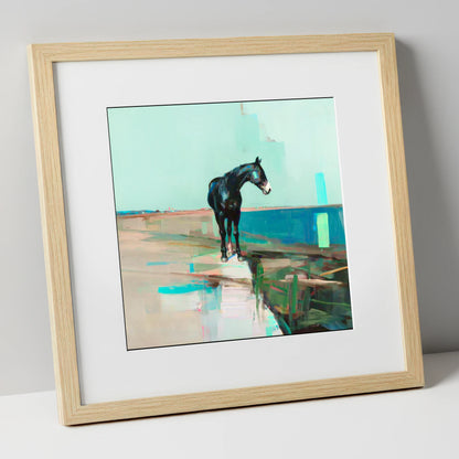 Silent Teal Horizon horse landscape art print in natural frame