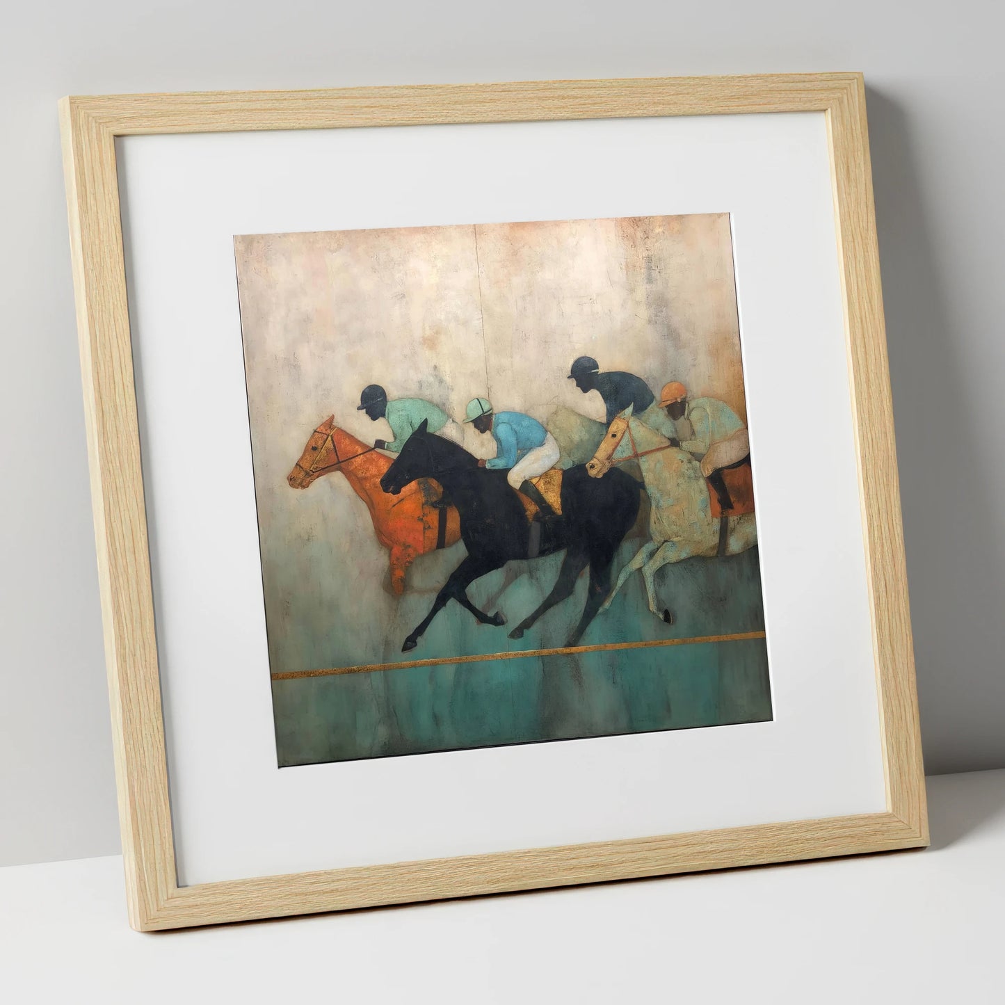 The Golden Furlong racing horse art print in natural frame