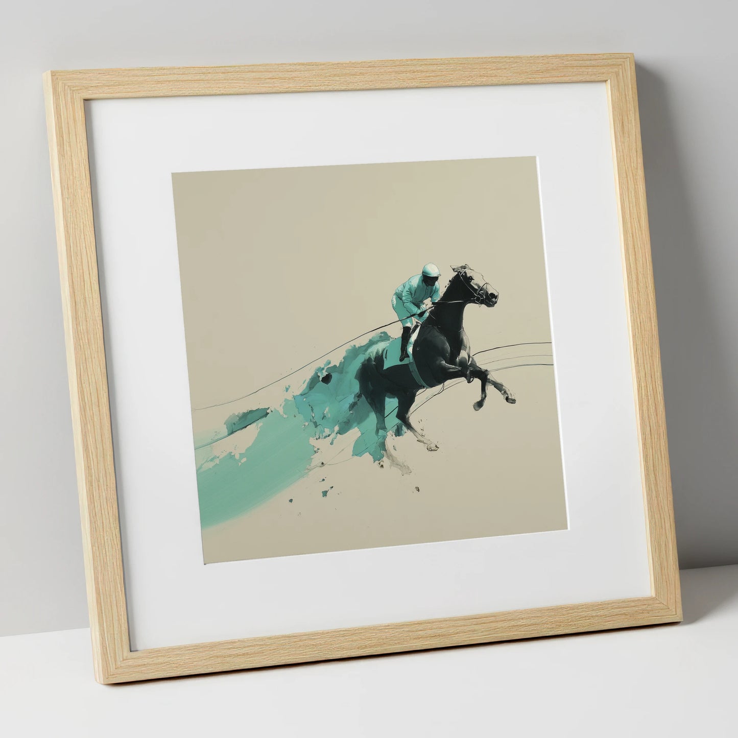 Velocity In Teal racing horse art print in natural frame