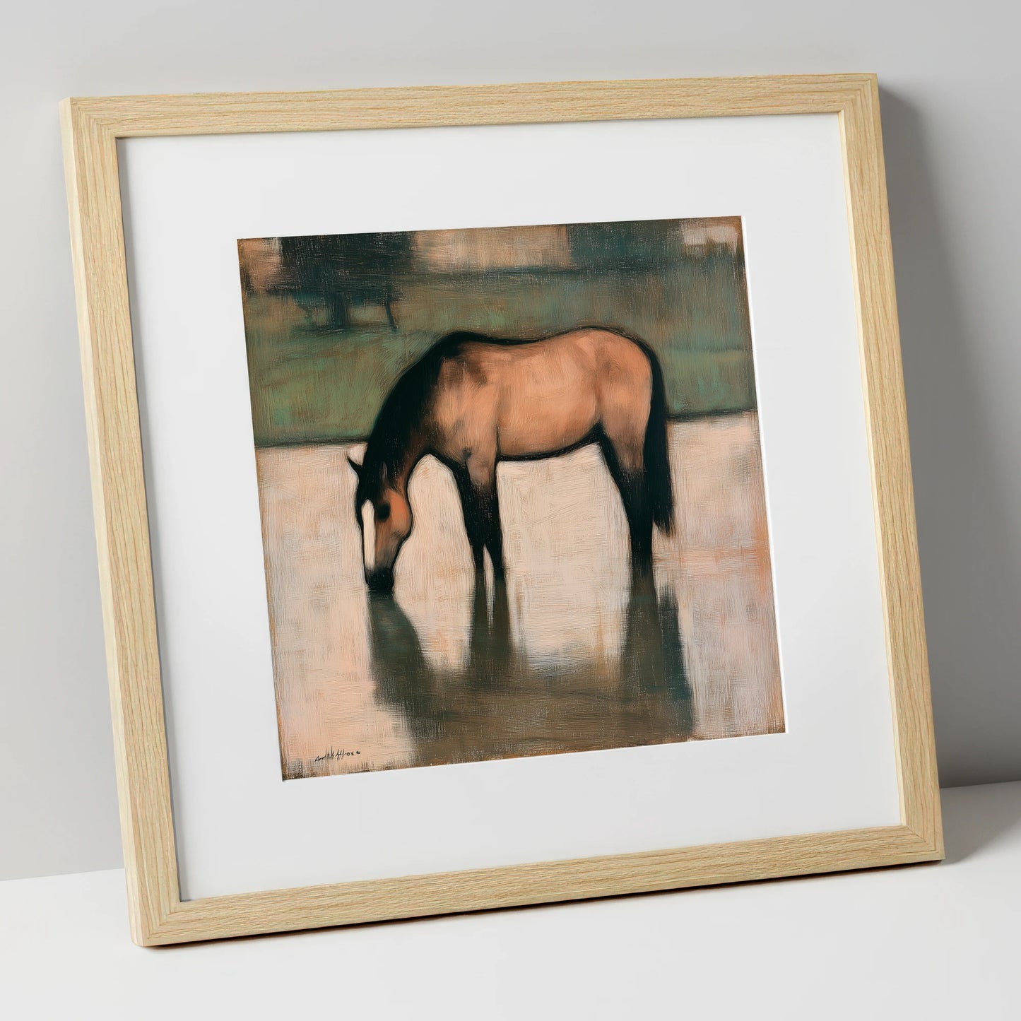 Quiet Reflection horse portrait art print in natural frame