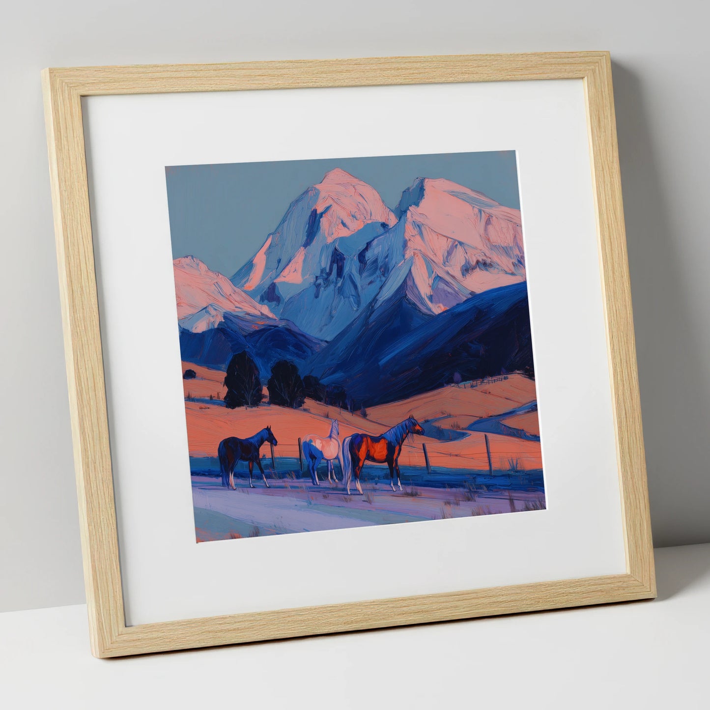 Mountain Alpenglow Pastures horse landscape art print in natural frame
