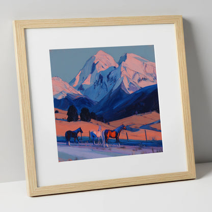 Mountain Alpenglow Pastures horse landscape art print in natural frame