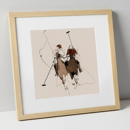 Polo Pursuit polo horse art print in natural frame