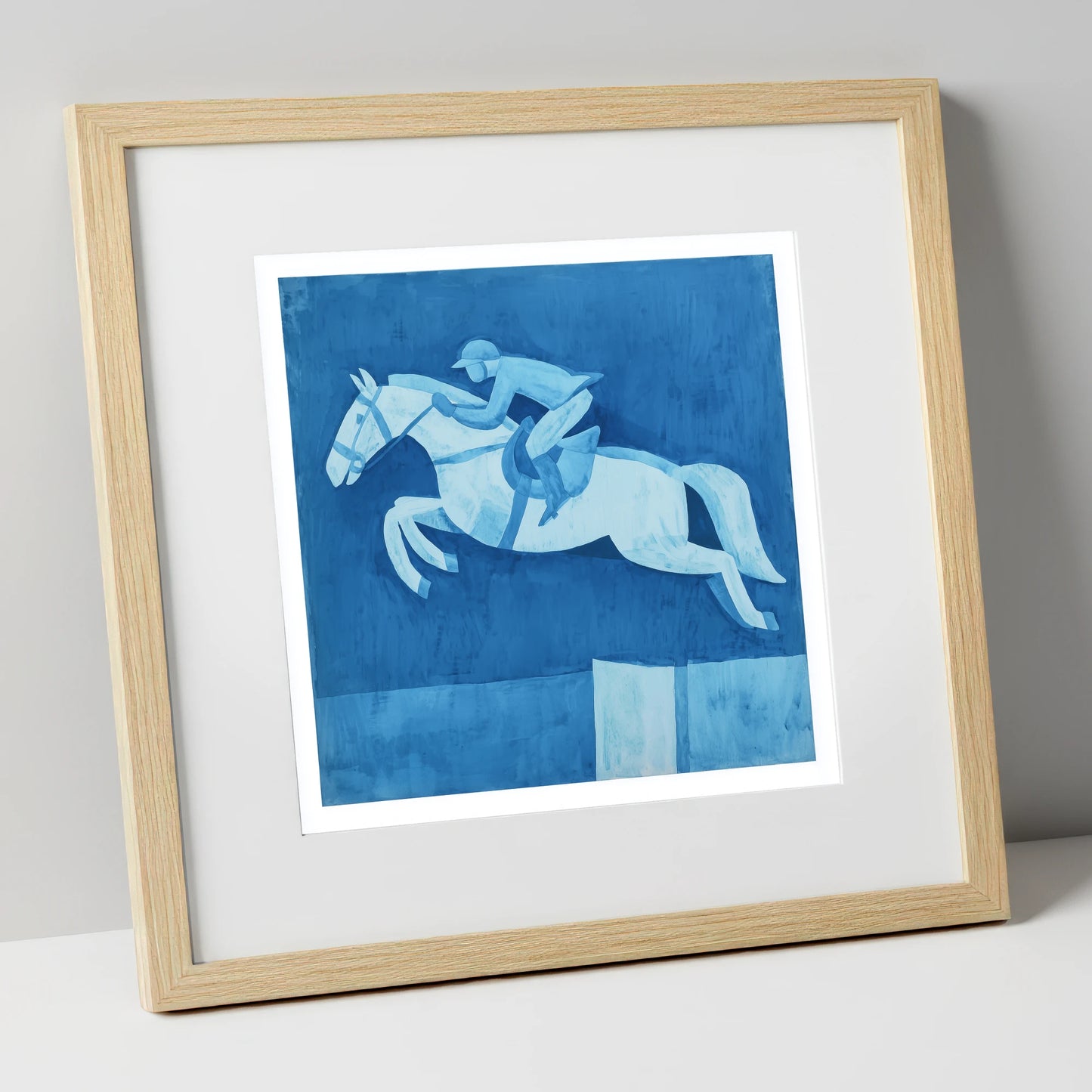 Azure Clear Round show jumping horse art print in natural frame