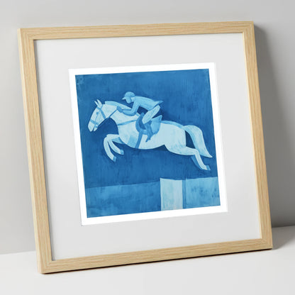 Azure Clear Round show jumping horse art print in natural frame