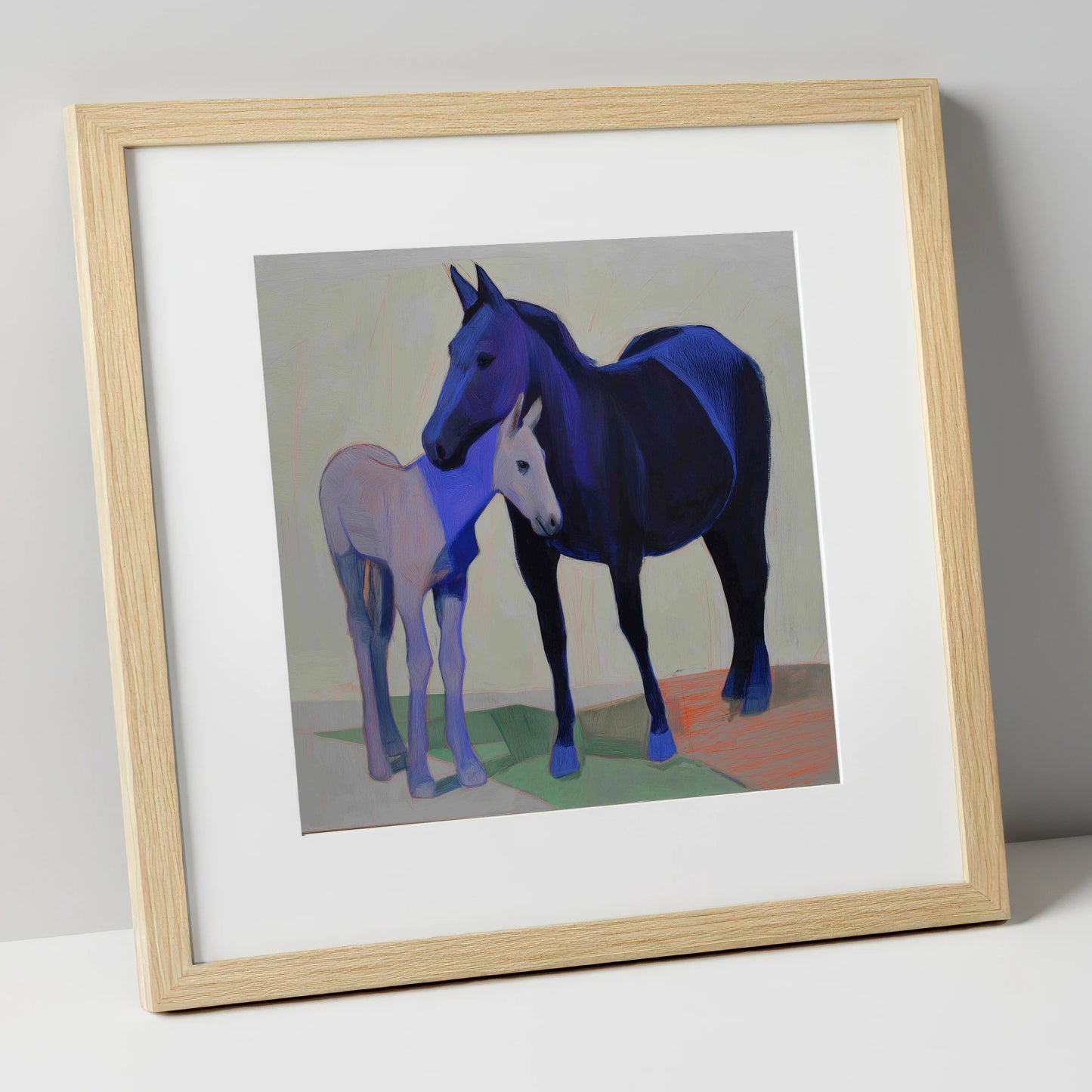 Indigo Embrace mare & foal art print in natural frame