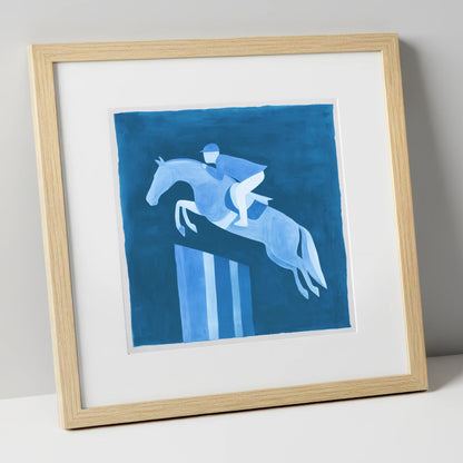 Azure Ascent show jumping horse art print in natural frame