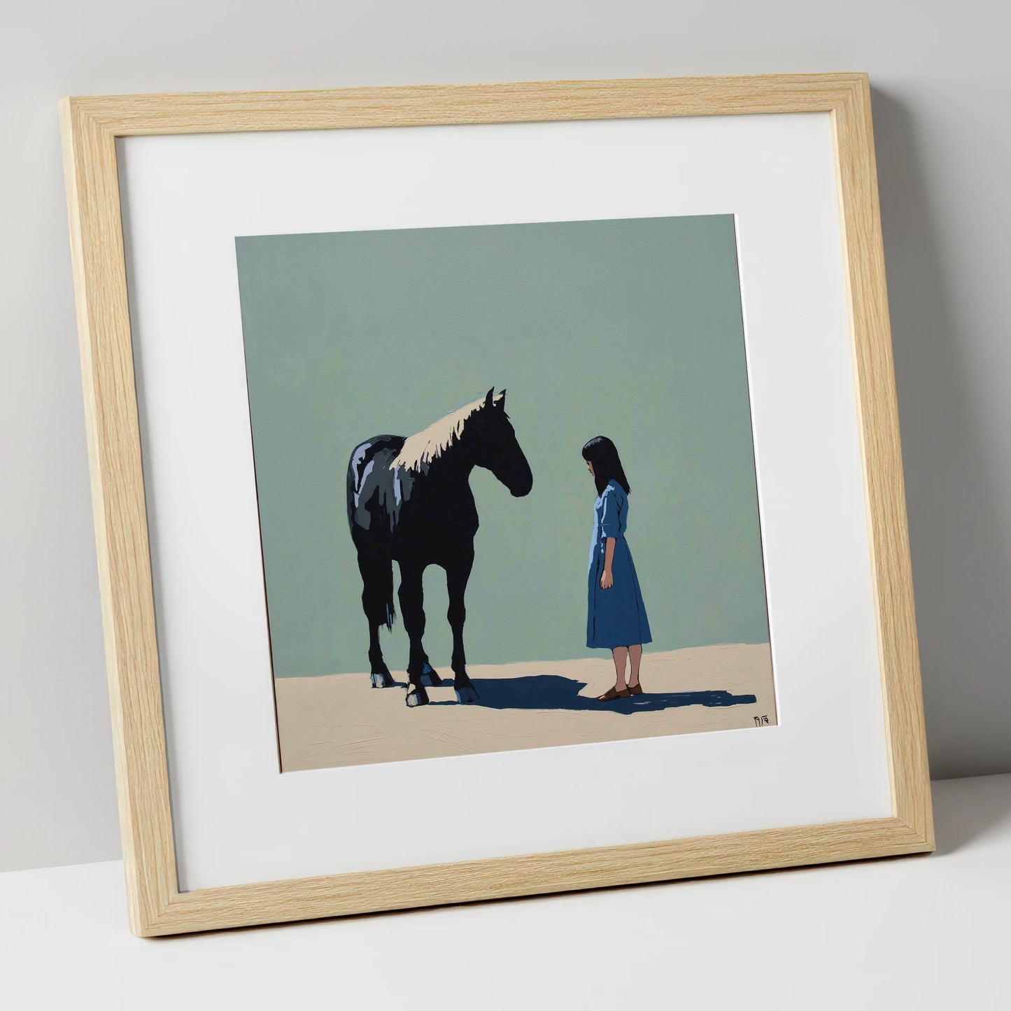 Quiet Understanding horse & rider art print in natural frame
