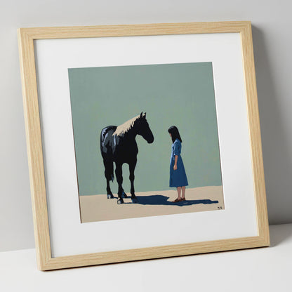 Quiet Understanding horse & rider art print in natural frame